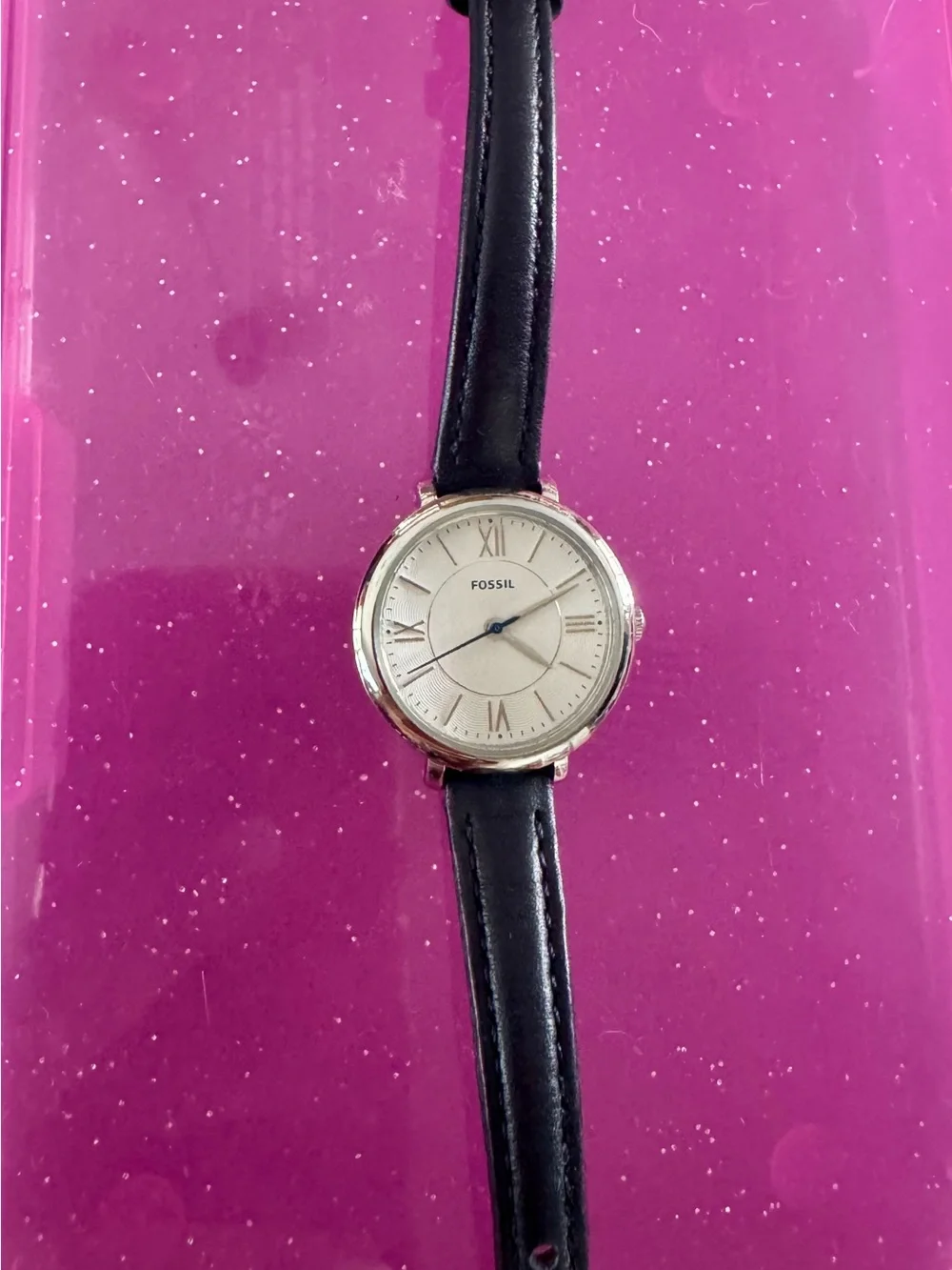 Fossil Women's Silver-Tone Case White Dial Black Leather Strap Watch